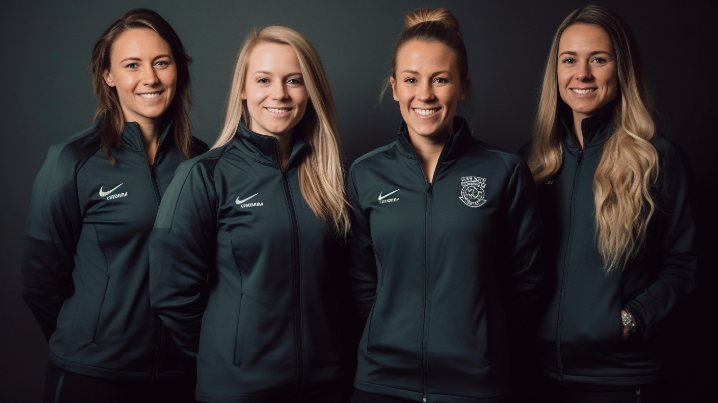 Four female football coaches wearing training jackets, representing backroom staff in Football Manager