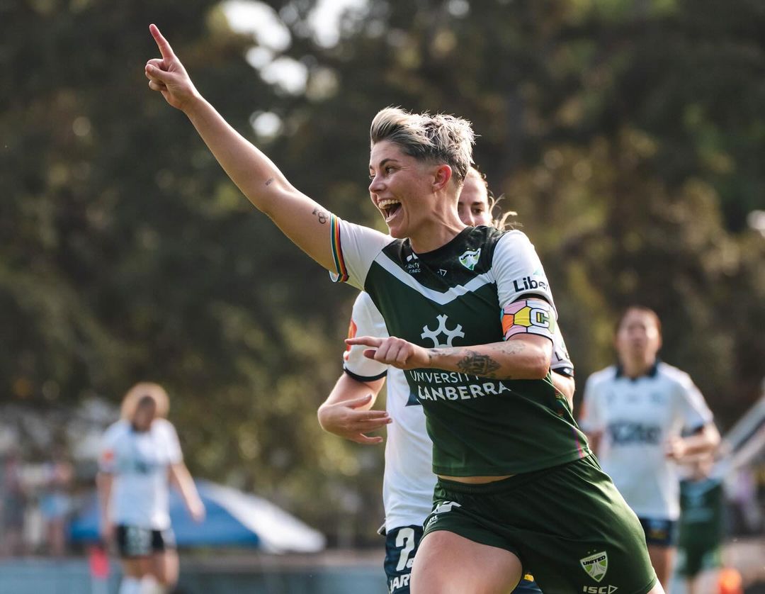 Canberra United forward Michelle Heyman celebrating a goal in the A-League Women.